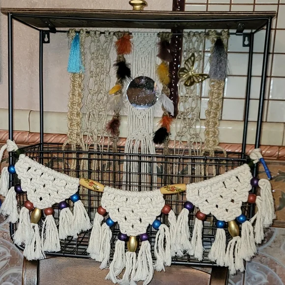 Macrame metal wood basket shelf